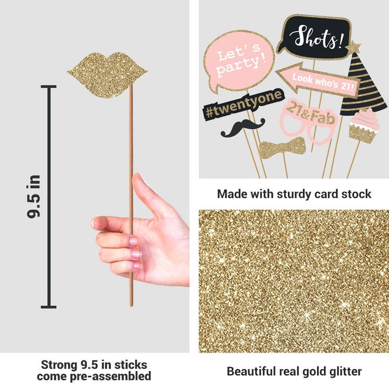 Perfect Occasion Fully Assembled 21st Birthday Photo Booth Props - Set of 30 - Pink & Gold Selfie Signs - 21st Party Supplies & Decorations - Cute Bday Designs with Real Glitter - Did We Mention No DIY - Image 3